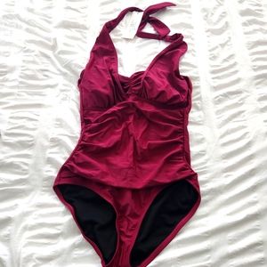 Raspberry halter bathing suit with ruching